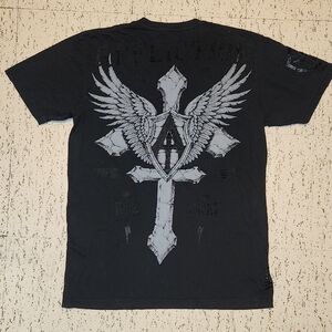 Affliction Spellout Logo Cross Full Graphic AOP Crewneck T-Shirt Black And Grey